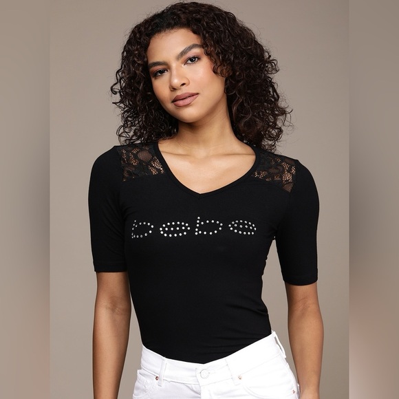 bebe Tops - Bebe Rhinestone Lace Black Top Small